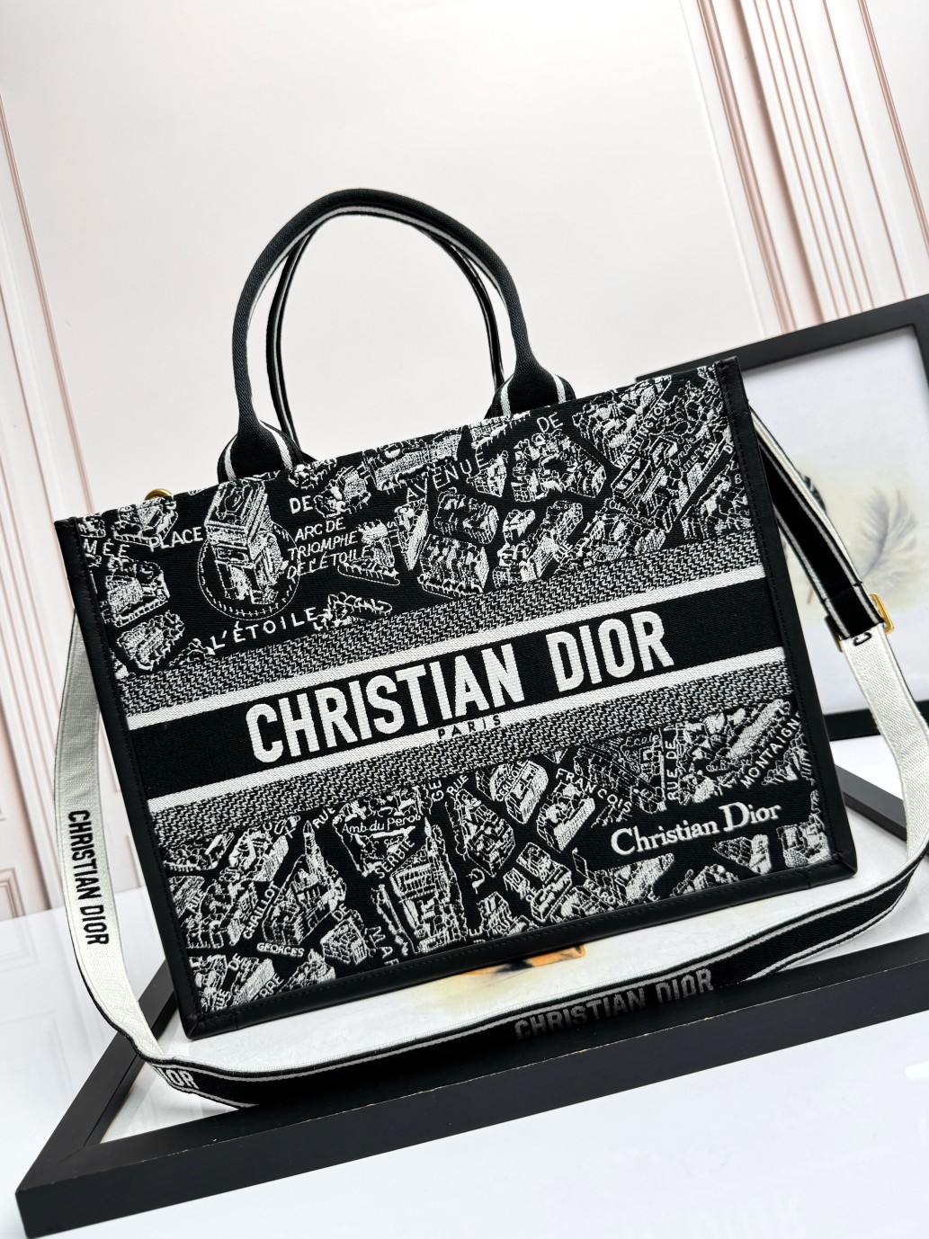 Medium Dior Book Tote Bag Black and White Plan de Paris Embroidery with Black Calfskin